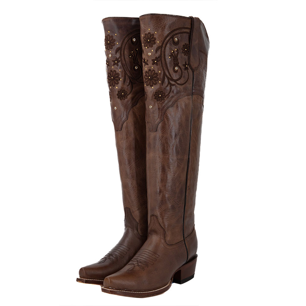 Brown Snip Toe Chunky Heel Floral Thigh High Cowgirl Boots Nicepairs