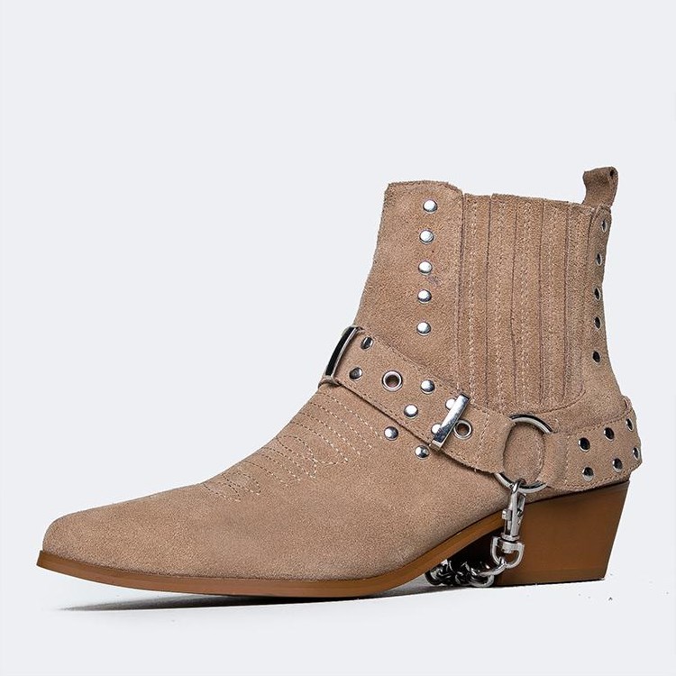 Tan Vegan Suede Studs Western Boots Buckle Block Heel Ankle Boots