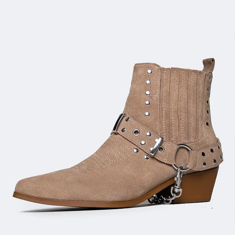 Tan Vegan Suede Studs Western Boots Buckle Block Heel Ankle Boots |FSJ Shoes