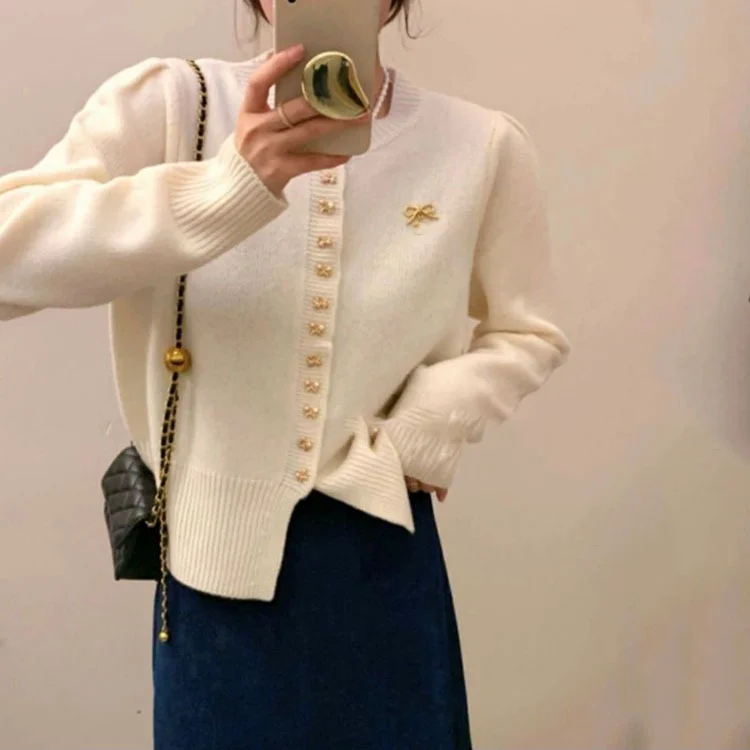 Mongw And Winter New Christmas Red Bow Knitted Cardigan Women's Korean Version Shows The Temperament Of Short Style Thin Sweater