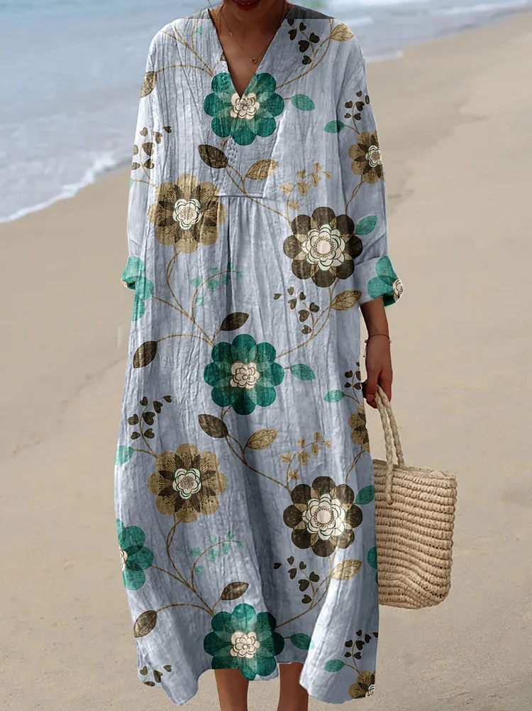 Womens Geometric Floral Pattern Print Casual Cotton And Linen Dress