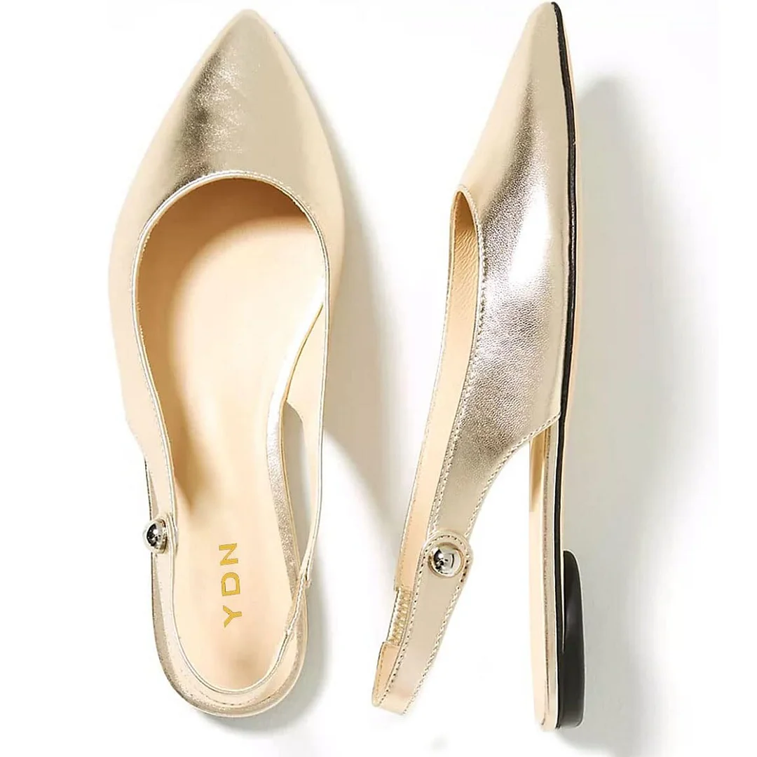Vegan Leather Pointed Toe Buckle Fastening Slingback Flat Gold Pumps