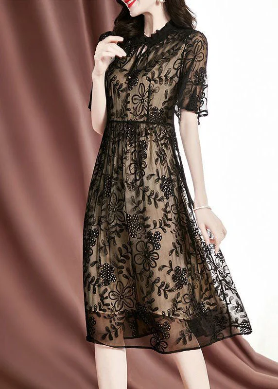 Elegant Black Embroideried Hollow Out Silk Long Dresses Summer