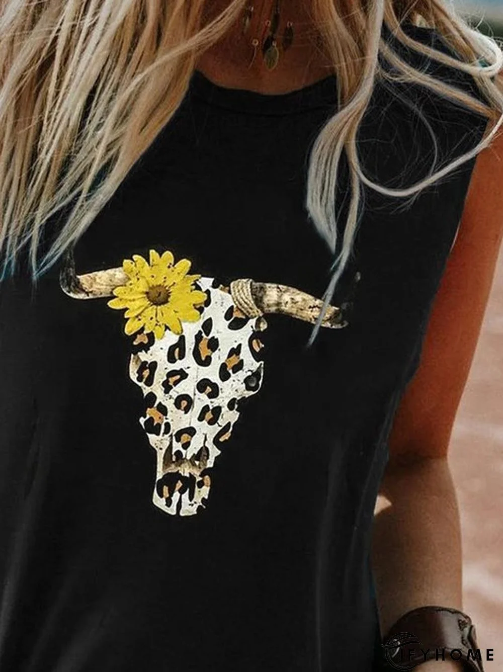 Black Club Beach Holiday Daily Animal Printed Casual Sleeveless Shift Crew Neck Tanks & Camis | IFYHOME