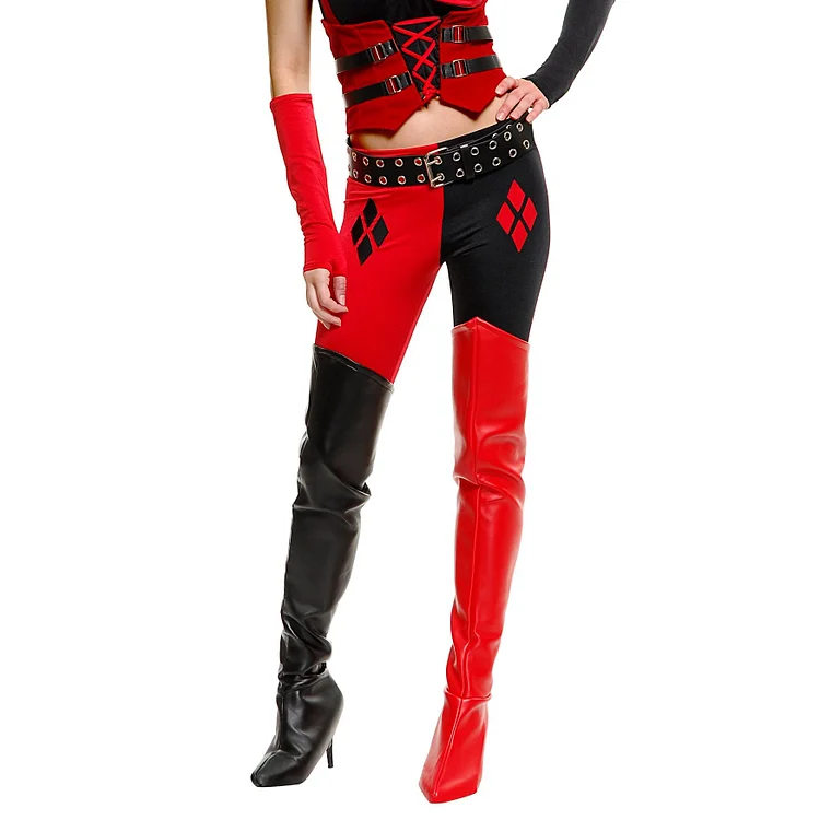 Harley Quinn's Red & Black Stiletto Over-The-Knee Boots for Halloween |FSJ Shoes