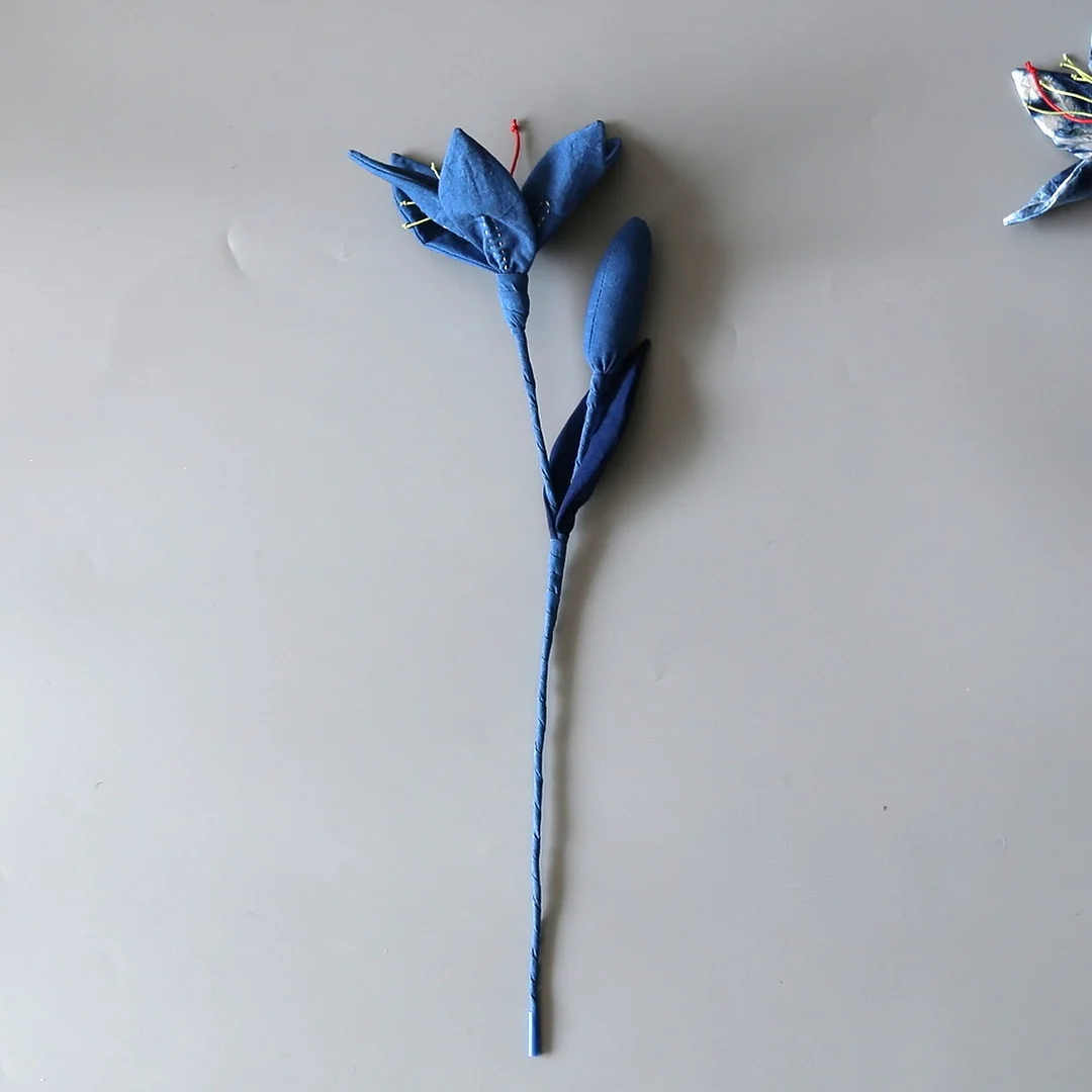 Handmade Blue Dye Cloth Art Lily Flower Arrangement Home Decor