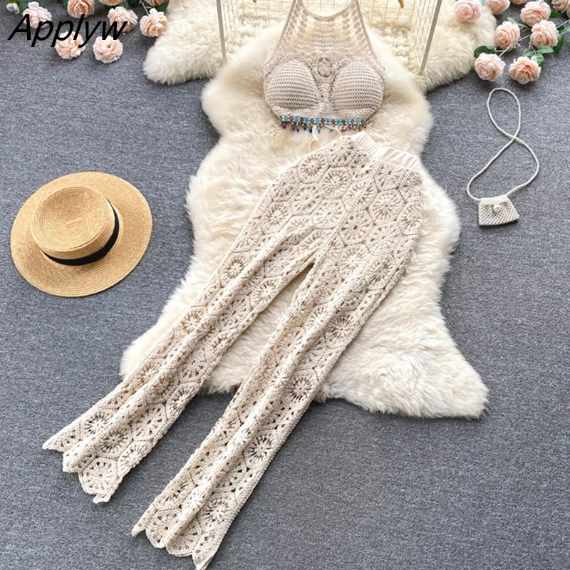 Applyw Women Summer Two Piece Suits Sexy Hollow Out Crochet Halter Short Tops+ Long Pants Fashion Beach Sets