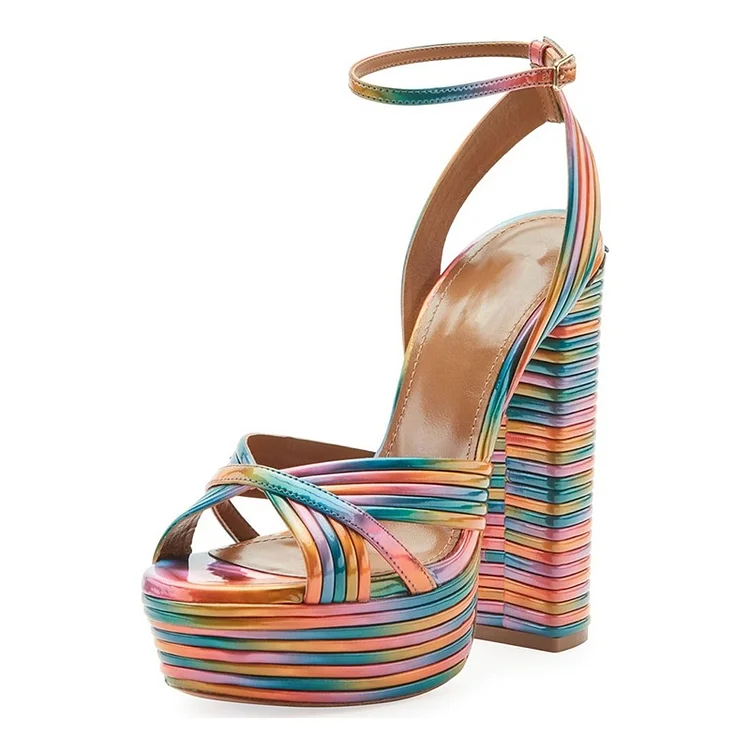 Rainbow Platform Ankle Strap Sandals Chunky Heel Sandals |FSJ Shoes