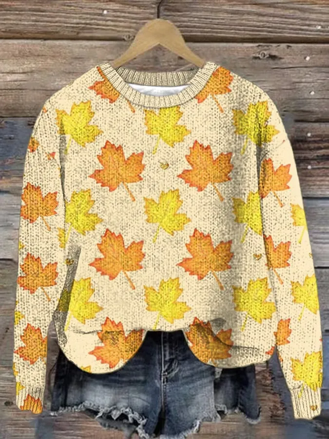 Women's Thanksgiving Maple Leaf Print Casual Crew Neck Sweater 