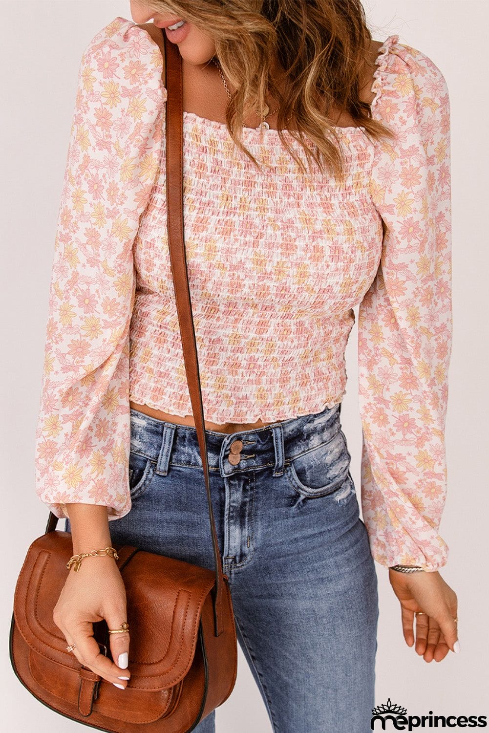 Square Neck Puff Sleeve Floral Smocked Top