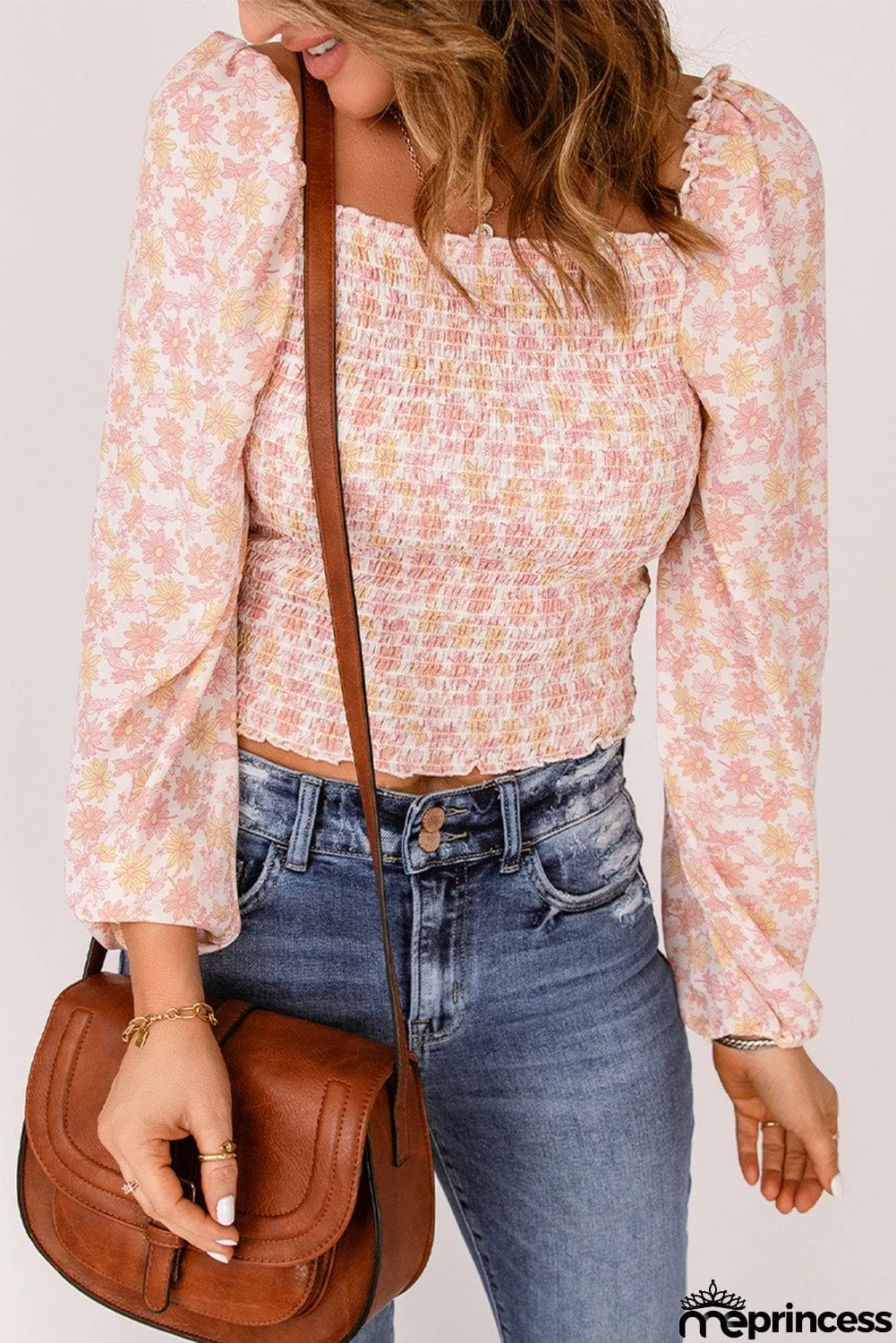 Square Neck Puff Sleeve Floral Smocked Top