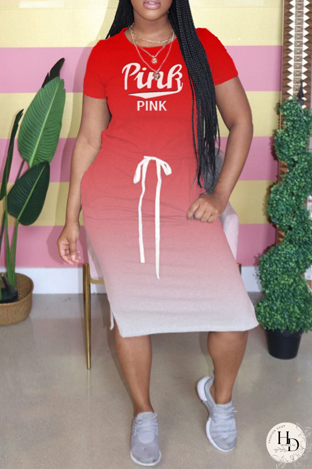 Black Fashion Casual Gradual Change Letter Print Basic O Neck Short Sleeve Dress