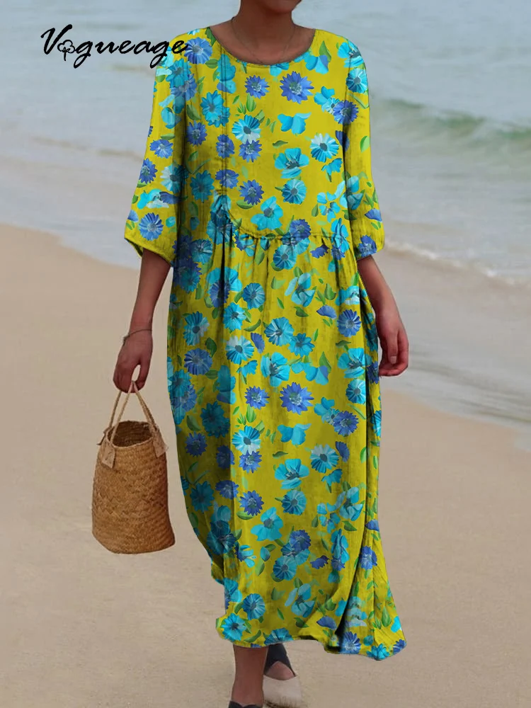 Fashionable And Beautiful Flowers Printed Women's Casual Cotton And Linen Dress