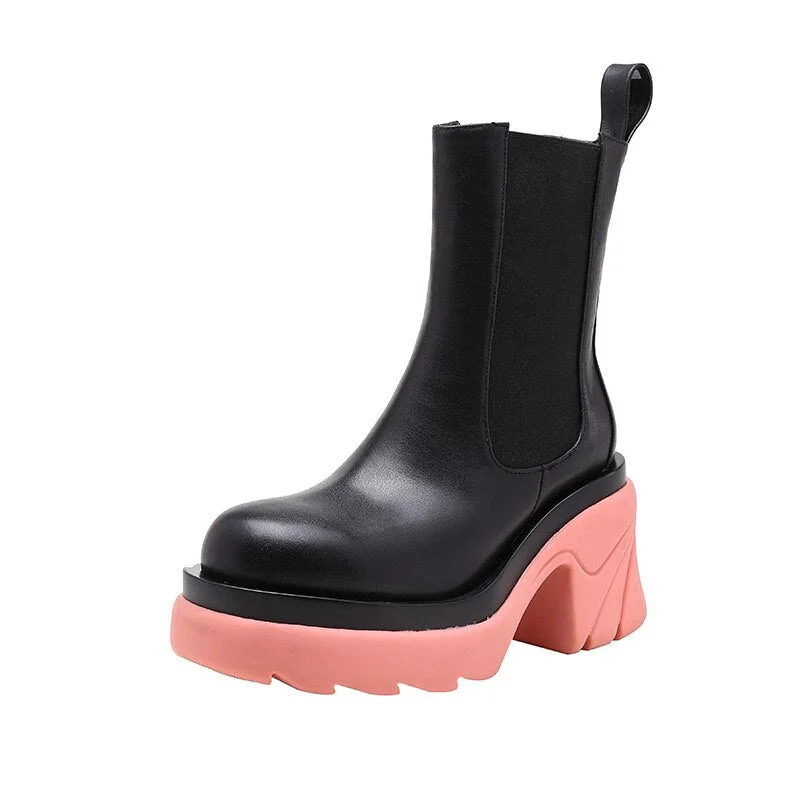Street Trend High Heel Women BV Chelsea Boots Mixed-Color Slip-on Ladies Punk Ankle Boots Leisure PU Women Platform Shoes