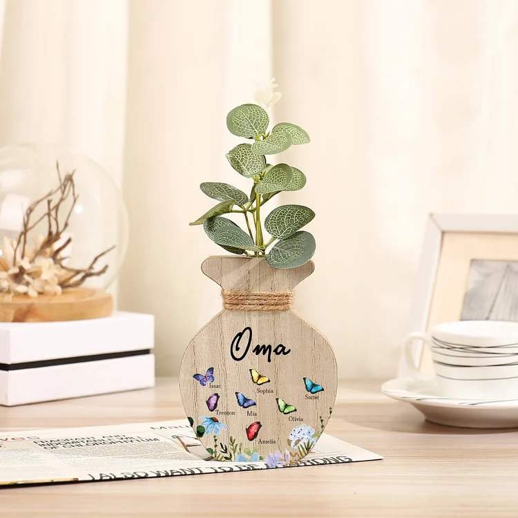 Kettenmachen Holz Personalisierter 7 Namen & Text Bunt Schmetterling & Blumen Familie Vase