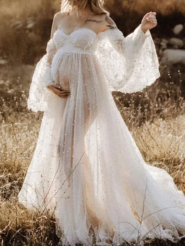 Maternity Off-shoulder White Sheer Lace Photoshoot Baby Shower Gown Dress