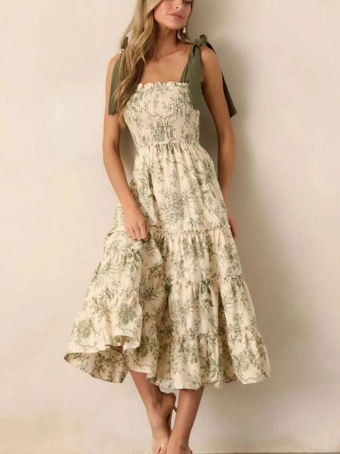 Floral Print Tiered Midi Dress with Tie Straps mysite idetrend