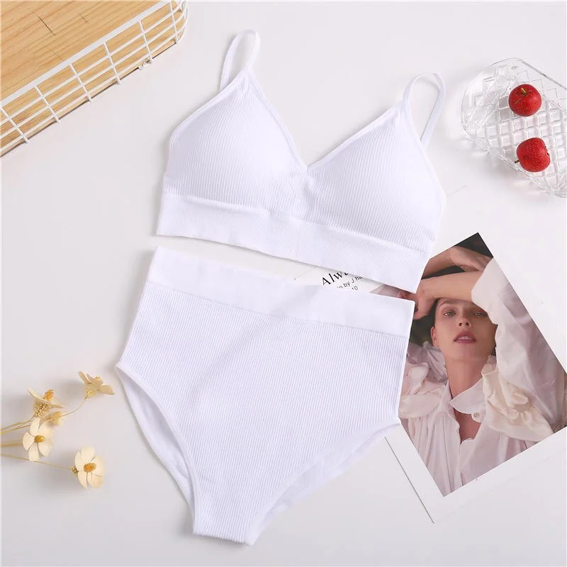 Women Bra Set 2PCS Sexy Brassiere Female Bralette + High Waist Panties Underwear Lingerie Basic Stretchy Ribbed Tank Crop Top