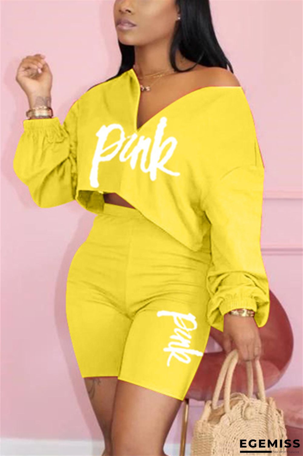 Yellow Fashion Letter Printed Top Pants Casual Set | EGEMISS