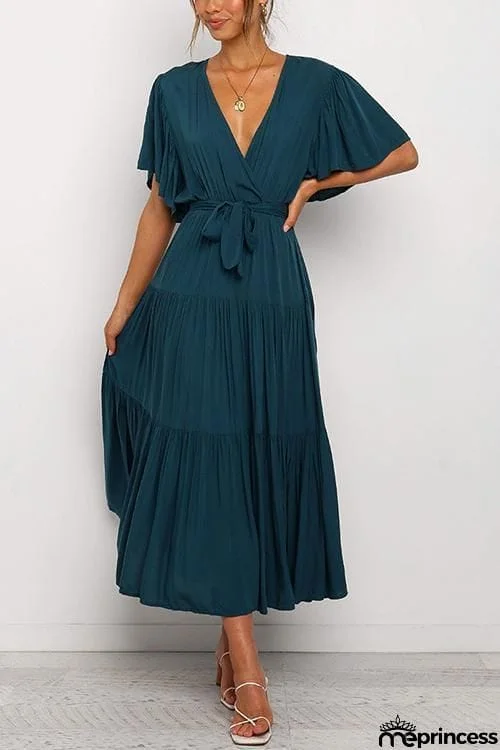 Solid Ruffles Belted Maxi Dress