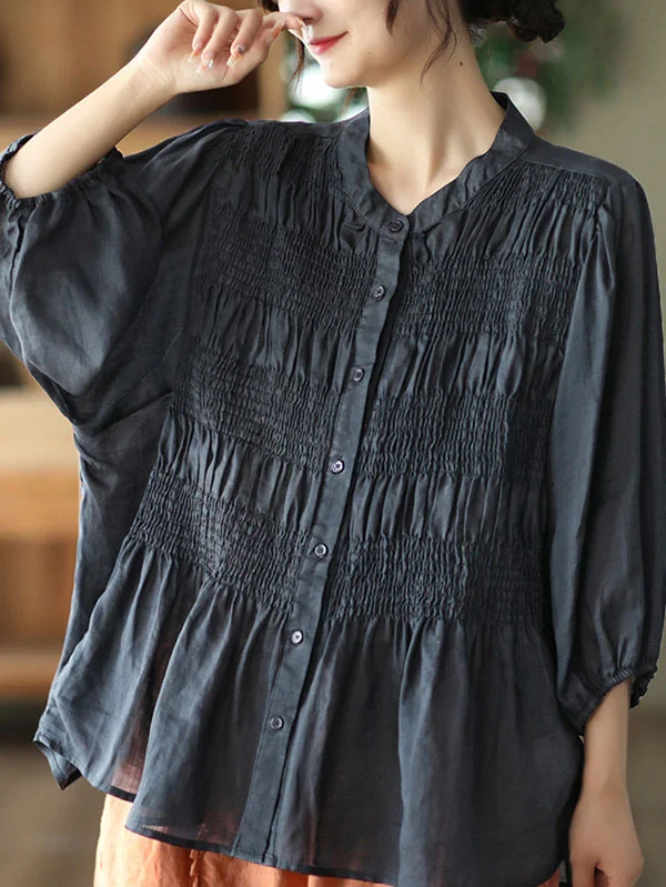 Split-Joint Solid Color Pleated Three-Quarter Sleeves Loose Stand Collar Blouses&Shirts Tops