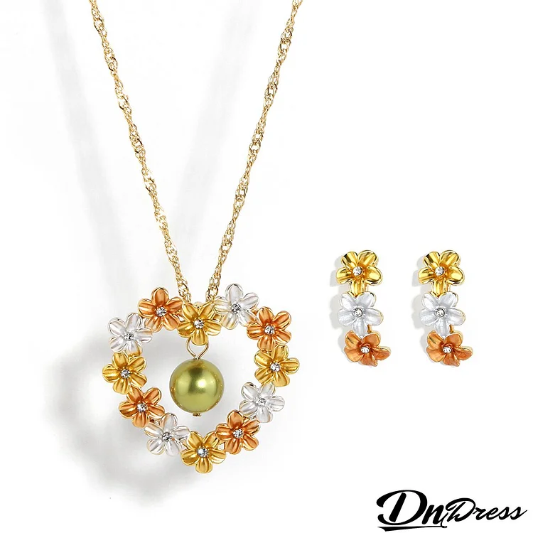 Women's Fashion Brass Plated Real Gold Tricolor Flower Hollow Heart Necklace Earrings Set