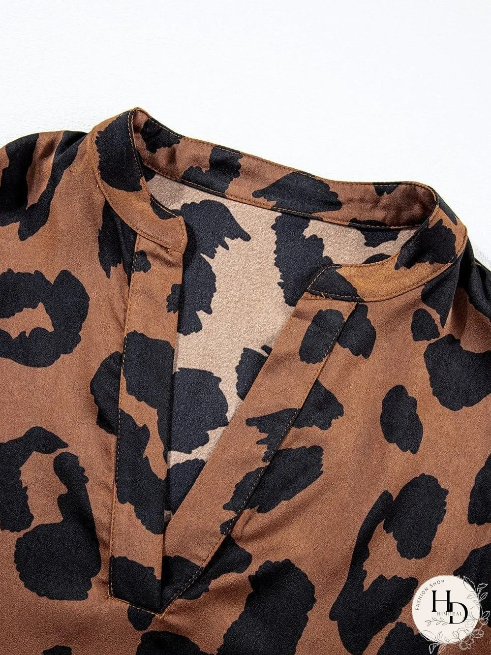 Leopard Print Split Neck Ruffle Sleeve Brown Blouse