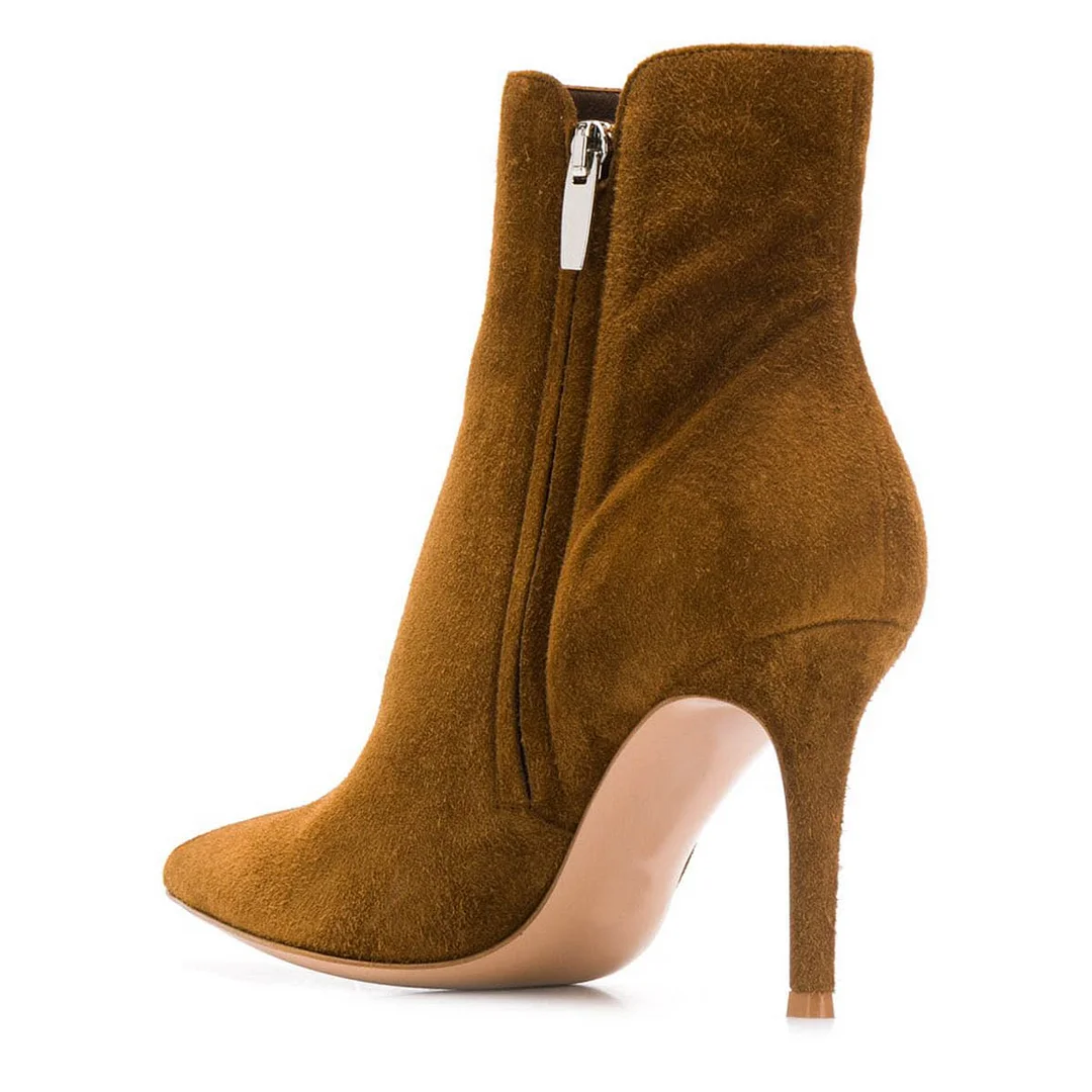 YDN Tan Vegan Suede Zipper Stiletto Heel Short Boots for Women