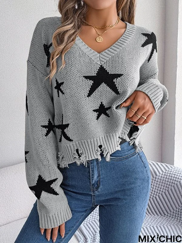 Long Sleeves Loose Contrast Color Fringed Split-Joint V-Neck Sweater Tops