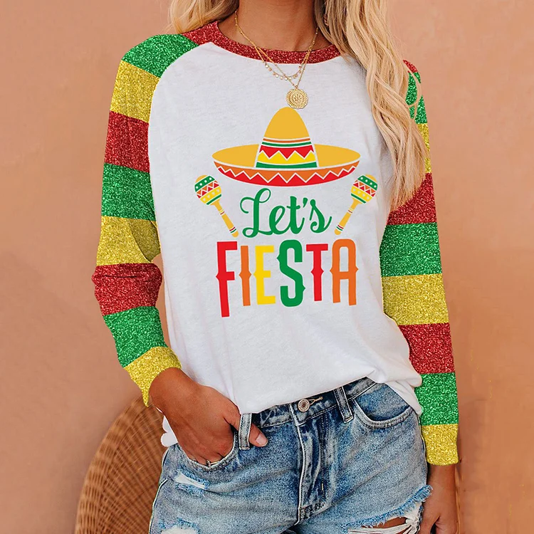 Comstylish Cinco De Mayo Colorful Striped Letter Long Sleeve T-Shirt