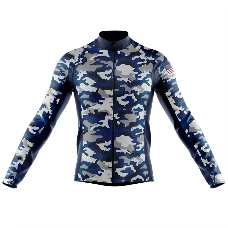 Blue Tactical Camo USA Men's Long Sleeve Cycling Jersey