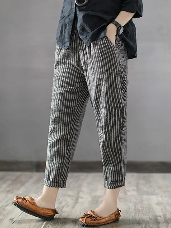 Women's Vintage Striped Pockets Cotton Harem Pants