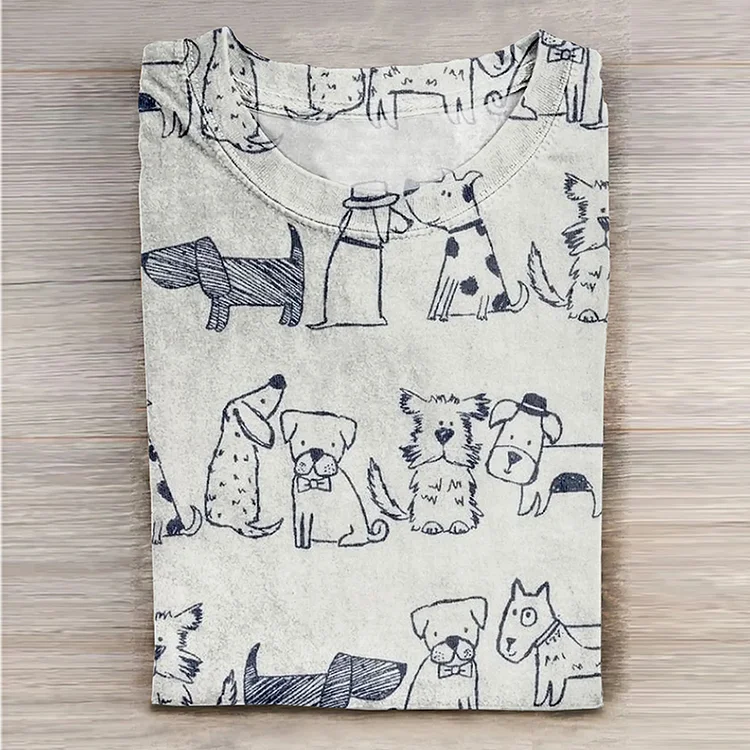 Cute Dog Art Print Casual Short Sleeve T-Shirt