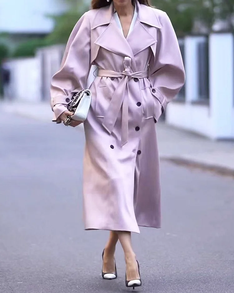 Solid Color Lapel Fashionable Strappy Coat
