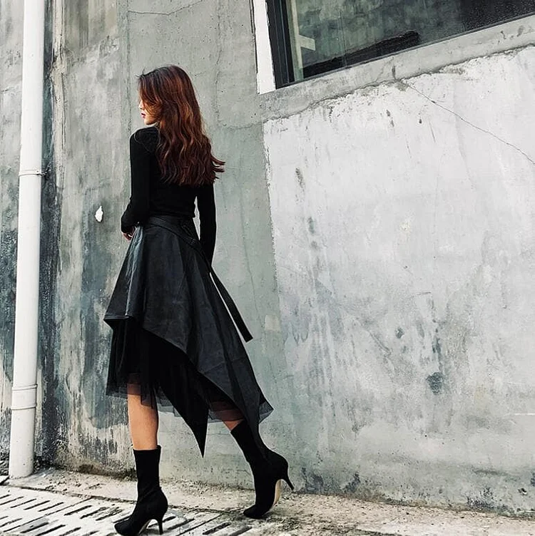 Streetwear Black elastic waist button Asymmetrical tulle Patchwork Skirts Spring main image 0
