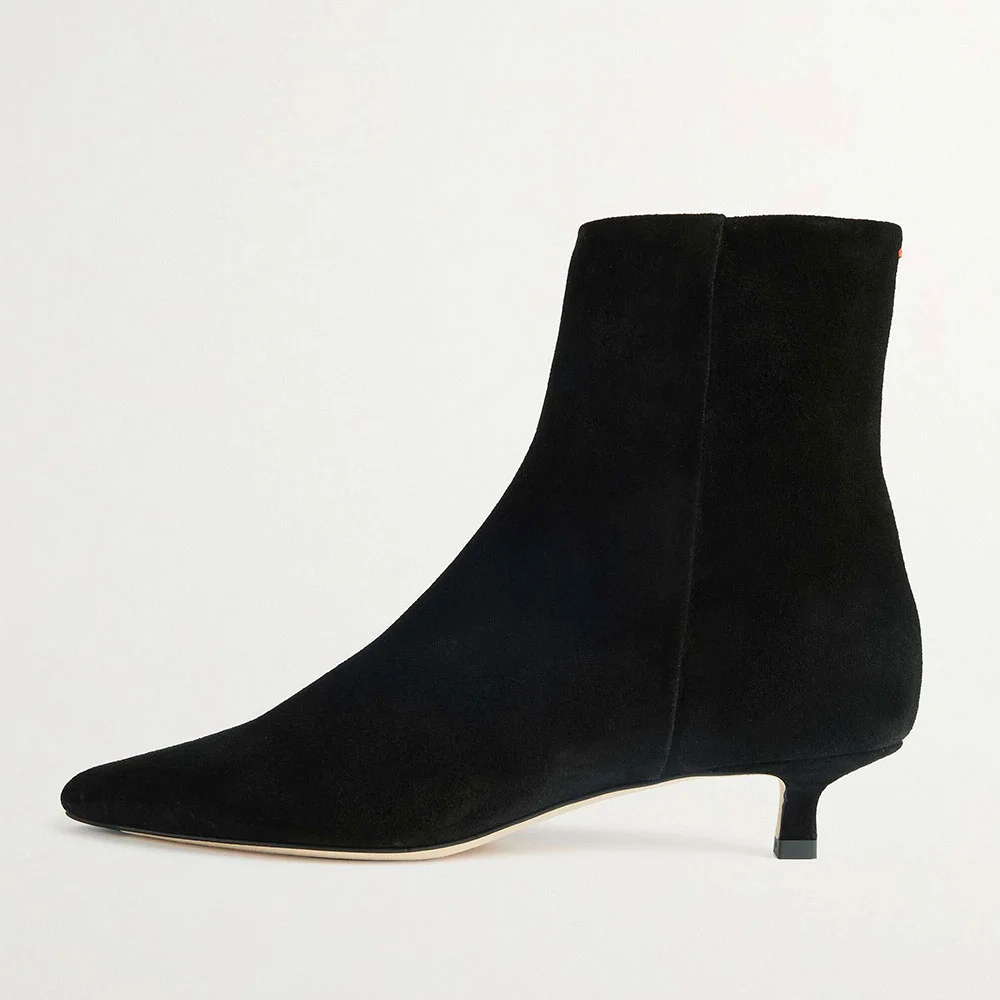 Black Vegan Suede Kitten Heel Zipper Pointed Toe Booties for Women
