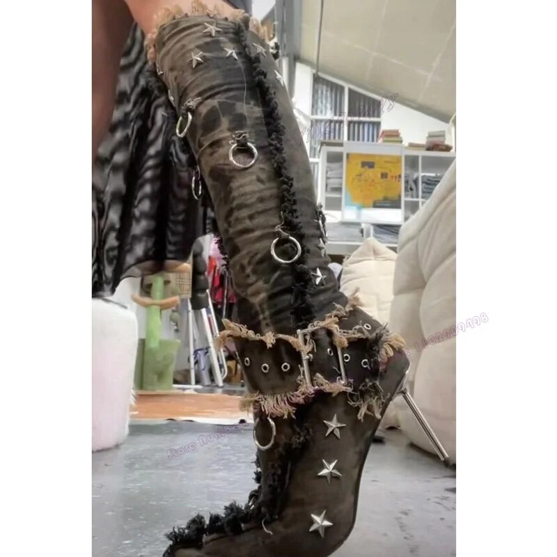 VCSHOES Denim Metal Star Ring Decor Knee High Boots Buckel Metal High Heels Shoes For Women Pointed Toe Shoes Zapatos Para Mujere