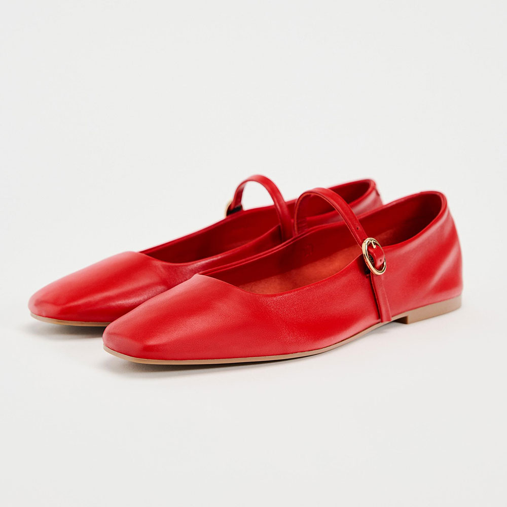 Red Vegan Leather Square Toe Flat Buckle Mary Jane Shoes Nicepairs