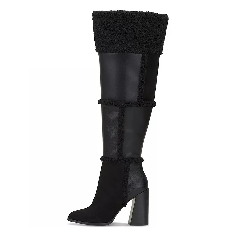 FSJ Black Round Toe Chunky Heel Knee High Boots with Faux Fur Trim |FSJ Shoes