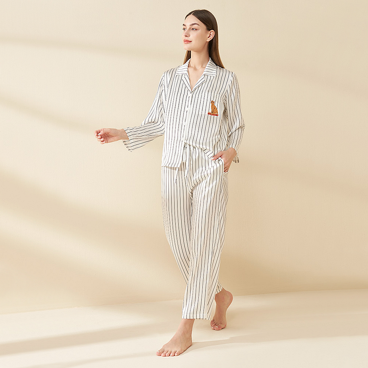 22 Momme White Striped Silk Pajama Set With Cute Print-Chouchouhome