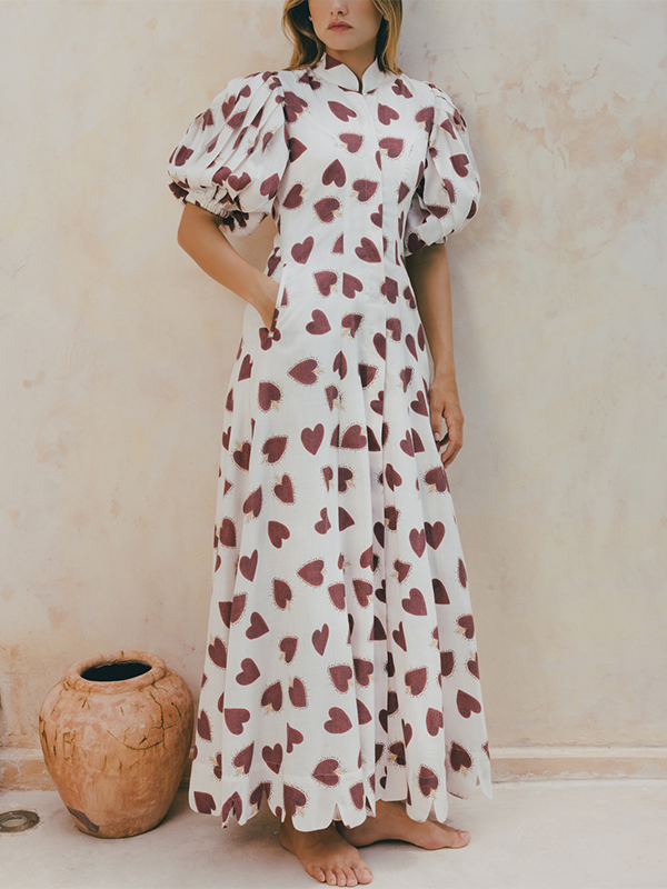 Bubble Sleeve Heart Printed Pocket Maxi Dress