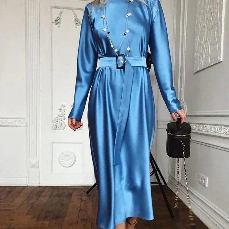 Women Vintage Sashes Satin Slim Mid Dress Long Sleeve Solid O Neck A Line Simple Casual Dress 2020 Early Winter New Women Dress