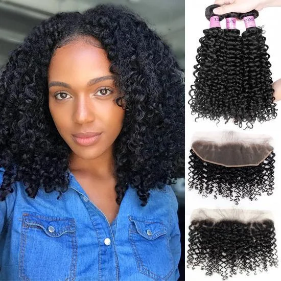  YVONNE Malaysian Curly Brazilian Hair 13*4 Lace Frontal Closure With 3 Bundles Human Hair Weaves Free Shipping  