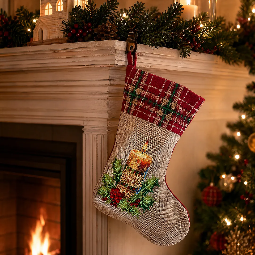 DIY Diamond Painting Christmas Stockings Hanging Ornaments Large Capacity Xmas Socks Pendant Wear Resist Candy Gift Storage Bags for Family Christmas Holiday Party Decoration (Christmas candles)