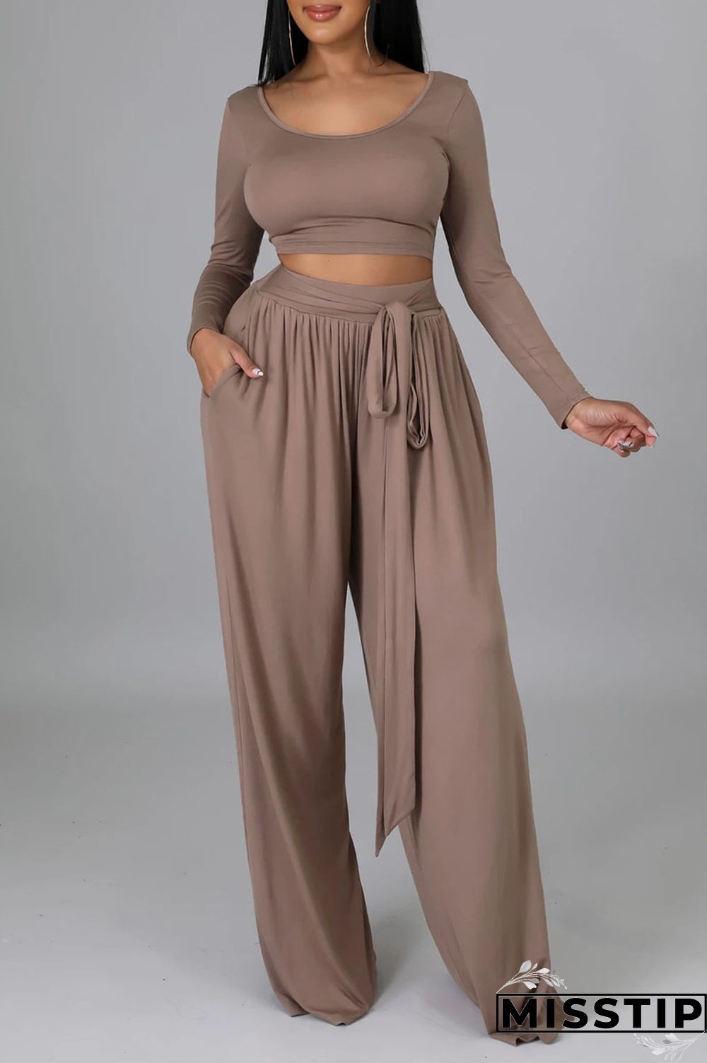 Dark Khaki Casual Elegant Solid Bandage Patchwork U Neck Long Sleeve Two Pieces