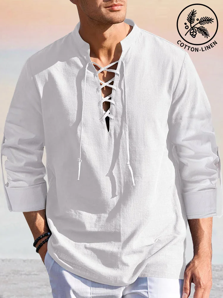 Casual Stand Collar Drawstring Cotton Linen Shirt