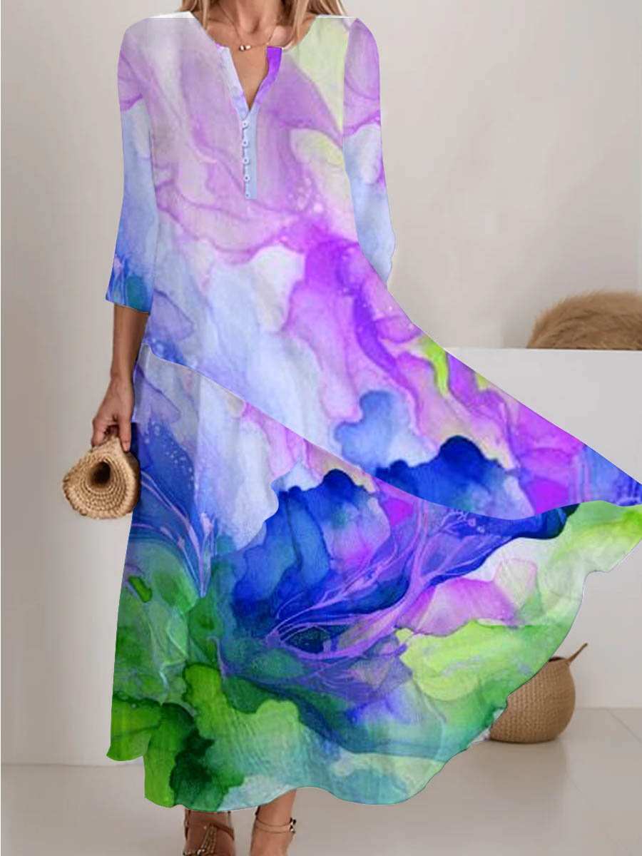 Women's Watercolor Splash Fluid Art Print Flowy Dress