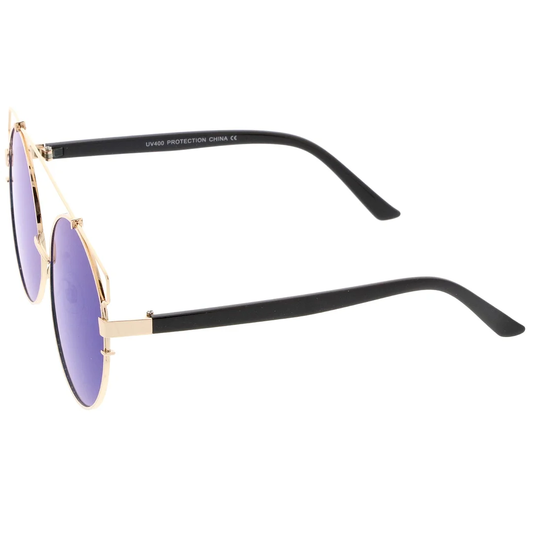 Oversize Metal Frame Horn Rimmed Crossbar Mirror Flat Lens Round glasses 62mm