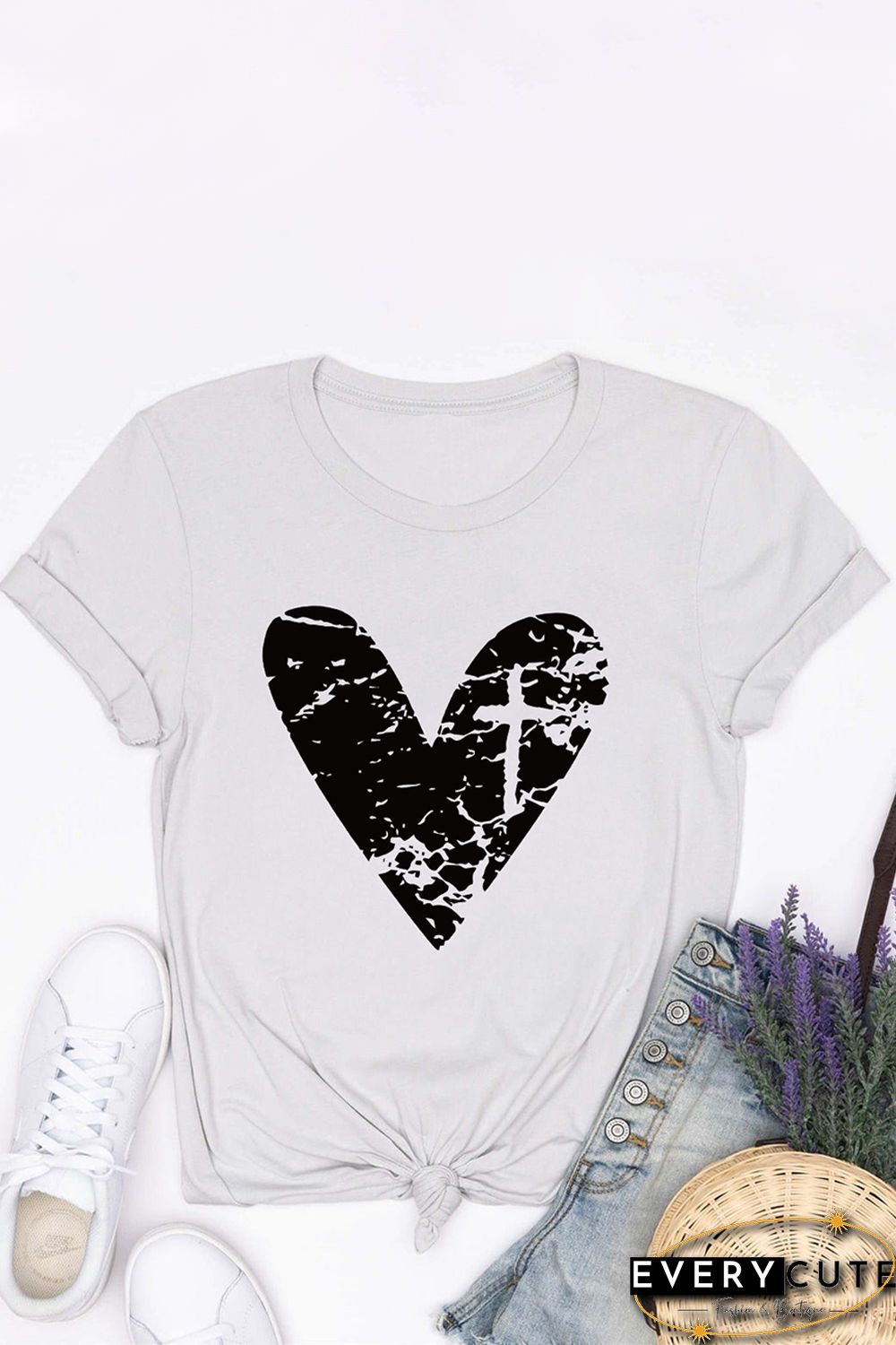 White Heart Shaped Print Rolled Short Sleeve Graphic Tee