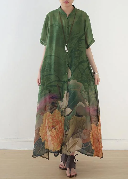 Elegant green print chiffon clothes 18th Century Fabrics stand collar side open Love Dress